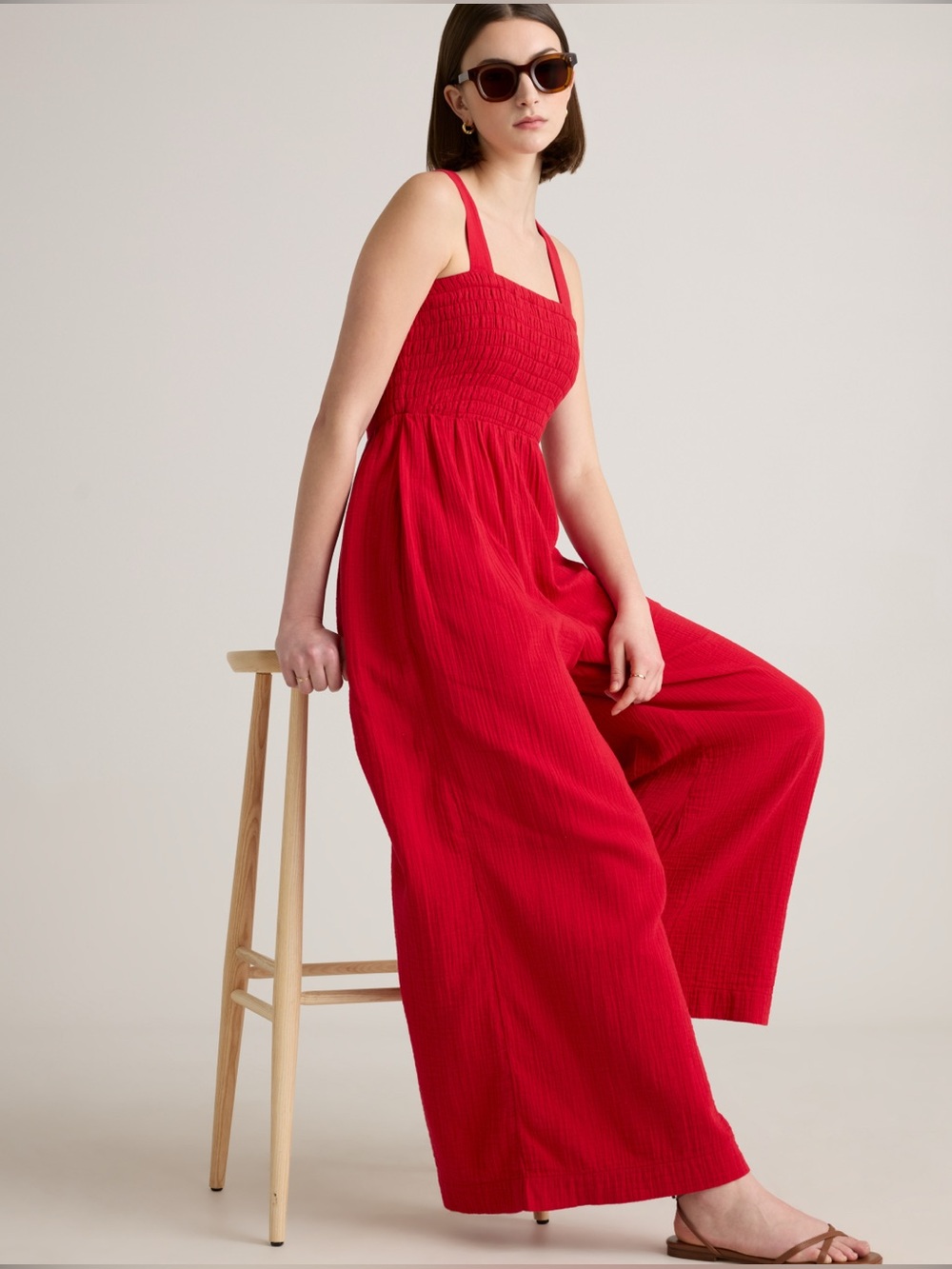 Quince 100% Organic Cotton Gauze Smocked Wide Leg Jumpsuit Size L